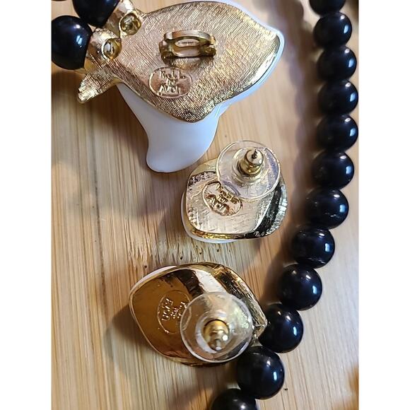 KJL for Avon White Rose Double Strand Black Bead Necklace and Pierced Earrings - Picture 3 of 3